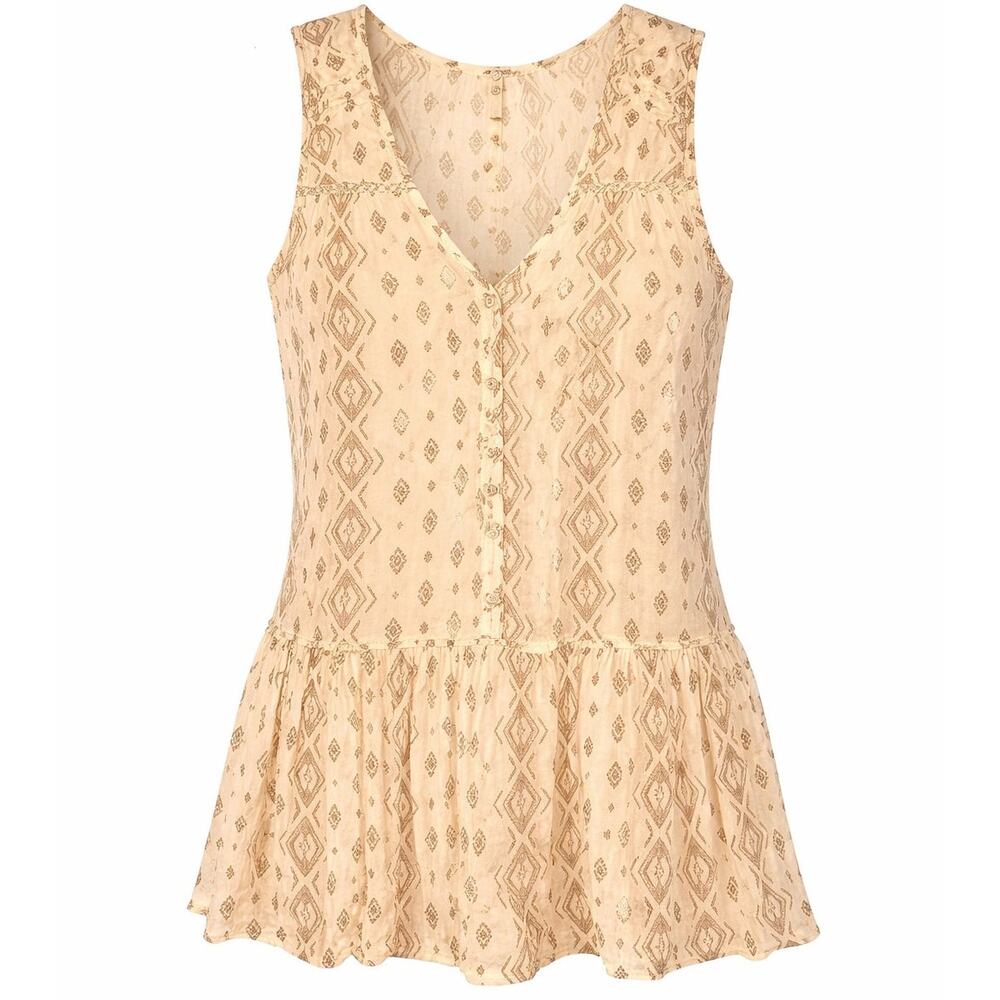 En Creme Women’s Small Beige Tunic Top Sleeveless V-Neck Ruffle Blouse